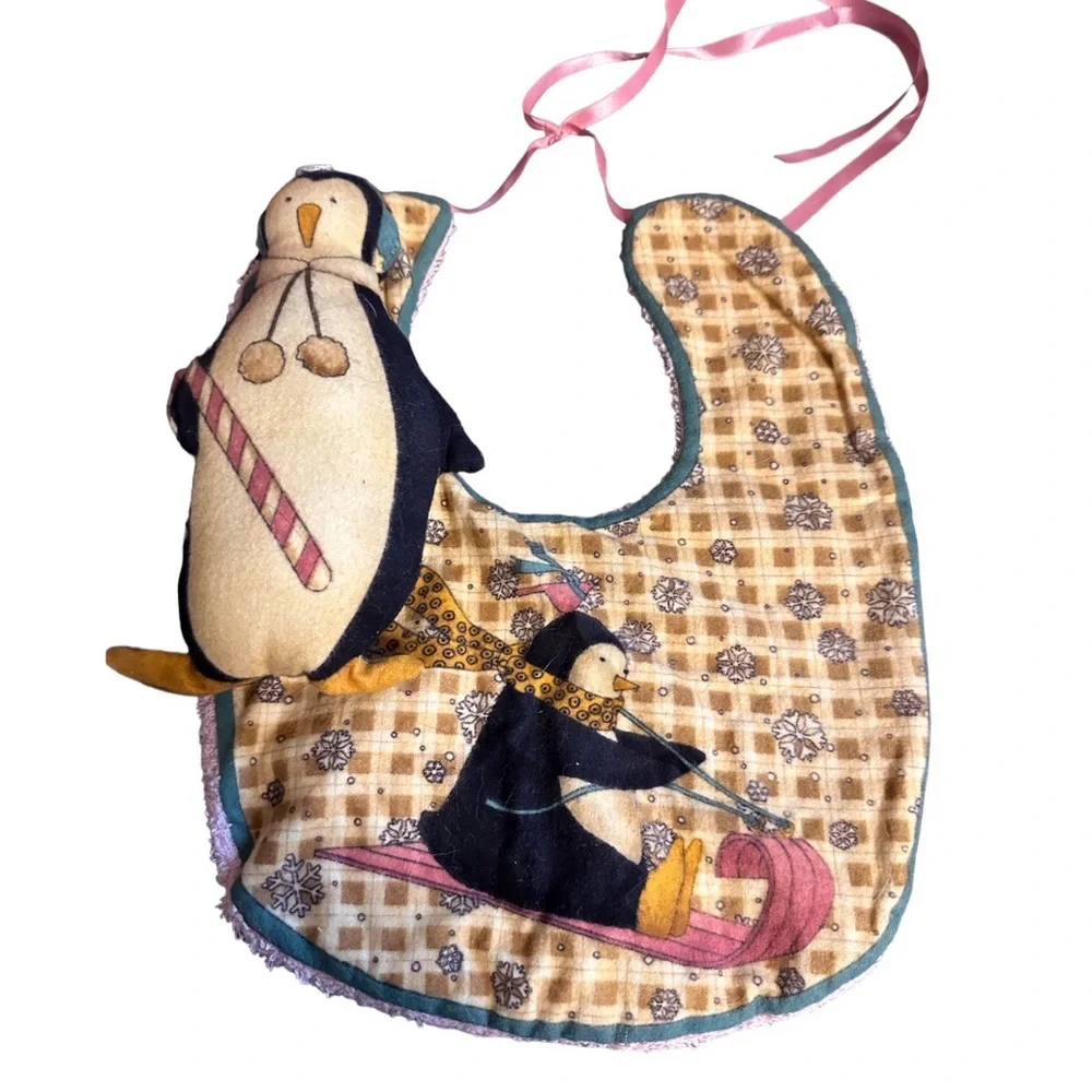 Debbie Mann Handmade Baby Shower Gift Bib 7” Plush Penguin Set Hand Crafted New